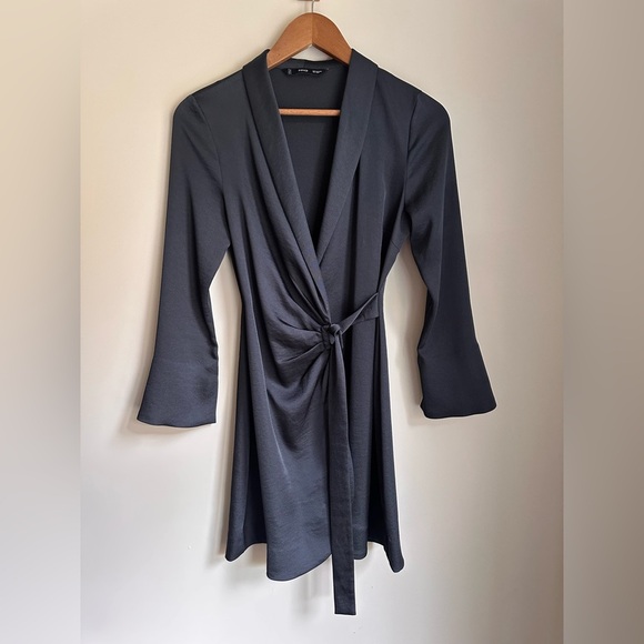 Mango MNG Wrap Mini Dress Tie Waist Long Sleeve Charcoal - Picture 2 of 6
